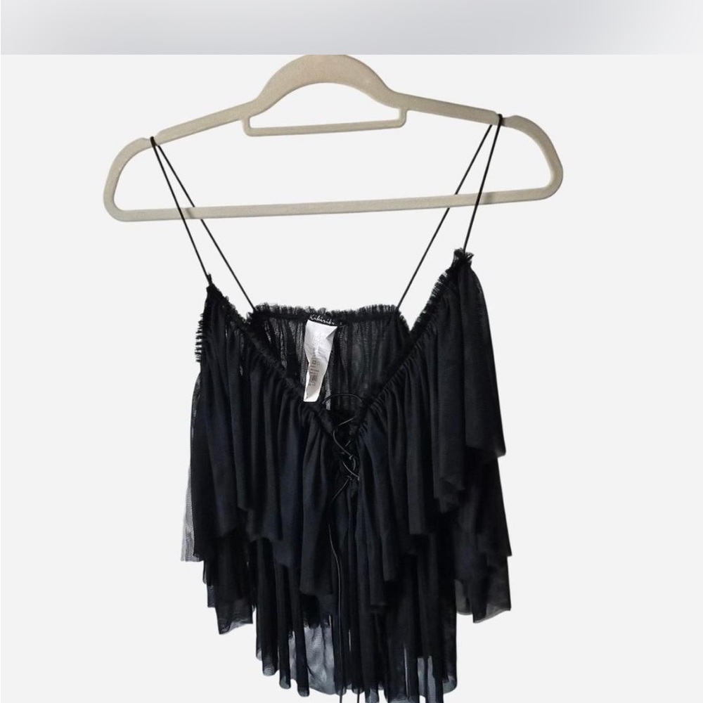 Black Off-Shoulder Ruffle Crop Top with Spaghetti Straps - Picture 3 of 3